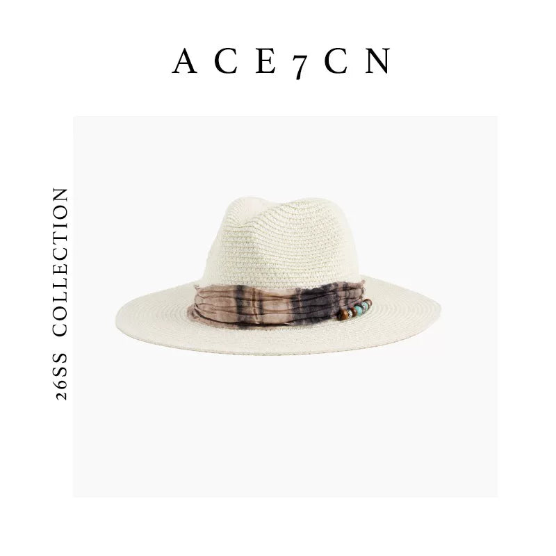 Vintage Western Ink-Wash Ribbon Fedora Woven Straw