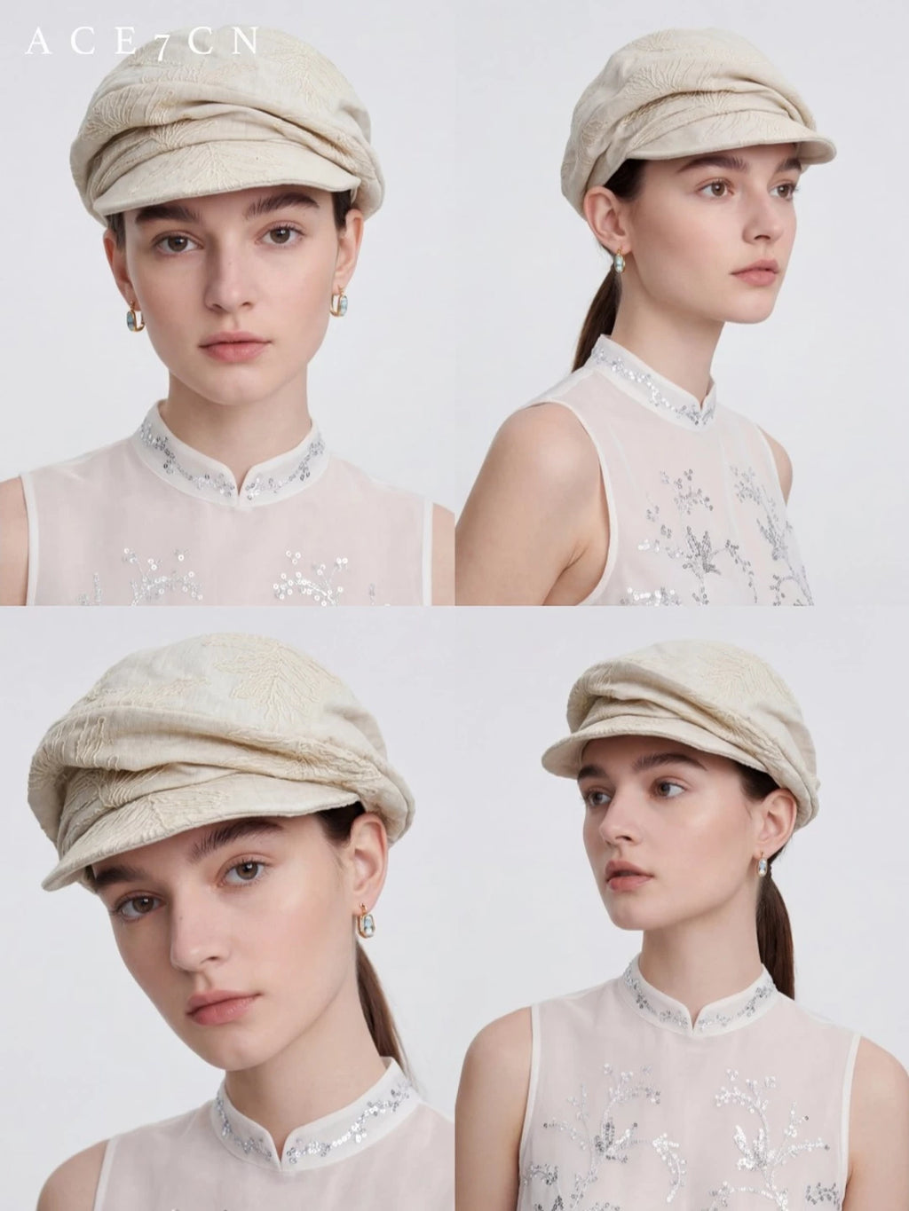 Champs-Élysées Fabric Embroidered Linen Newsboy Cap Pleated