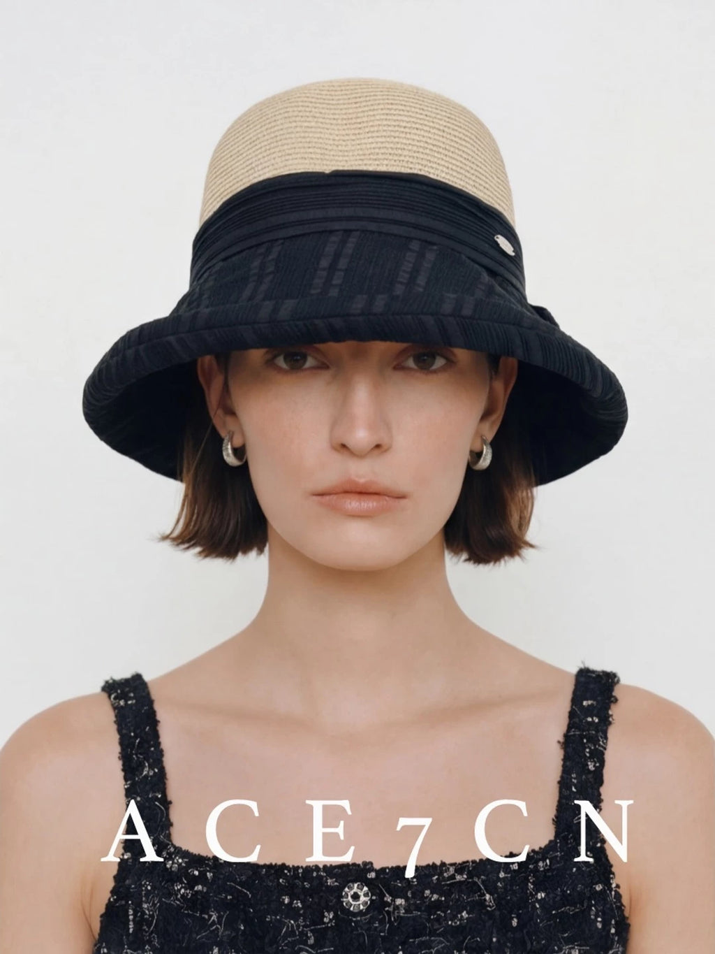 Japanese Niche Fabric-Straw Patchwork Bucket Hat Bow