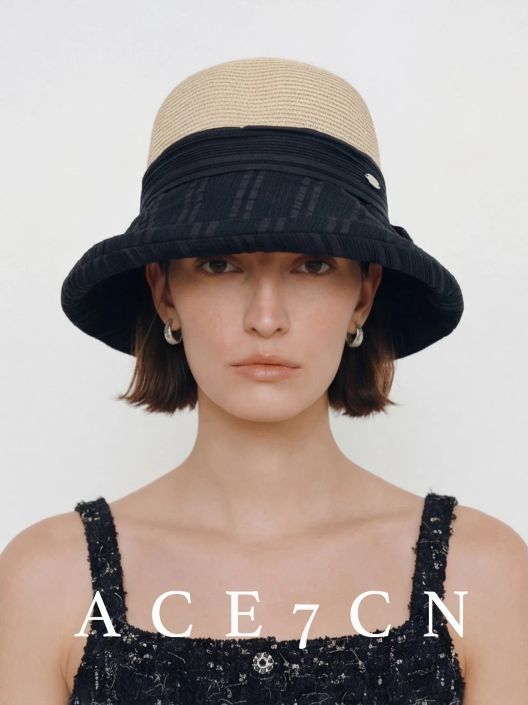Japanese Niche Fabric-Straw Patchwork Bucket Hat Bow