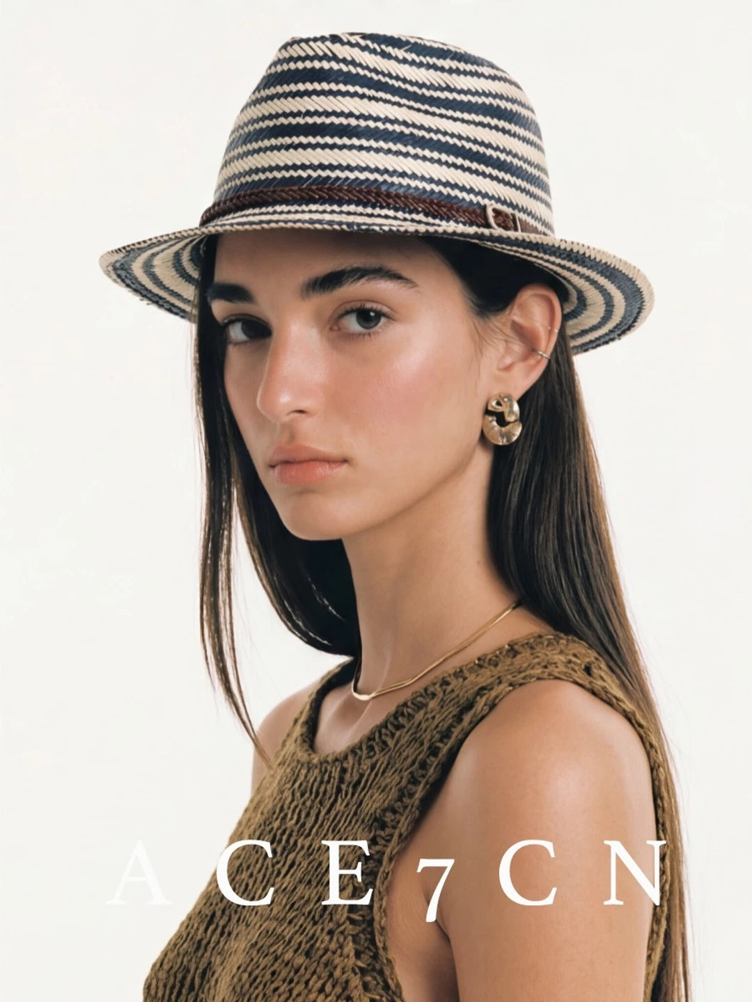 British Vintage Blue-White Striped Straw Hat Resort