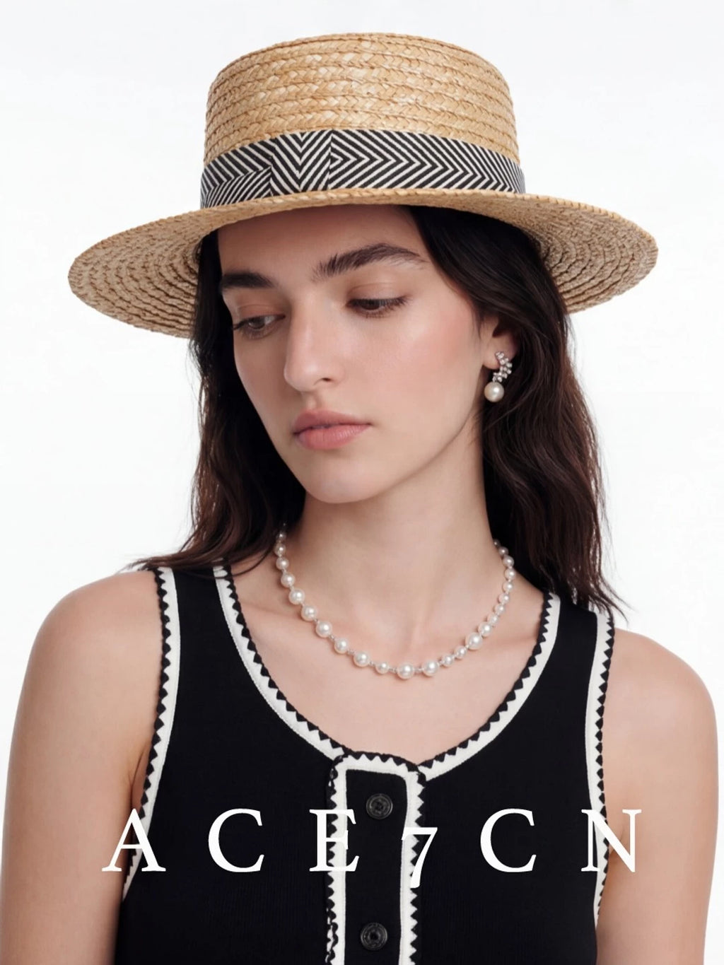 British Vintage Straw Hat Striped Hand-Woven Hepburn