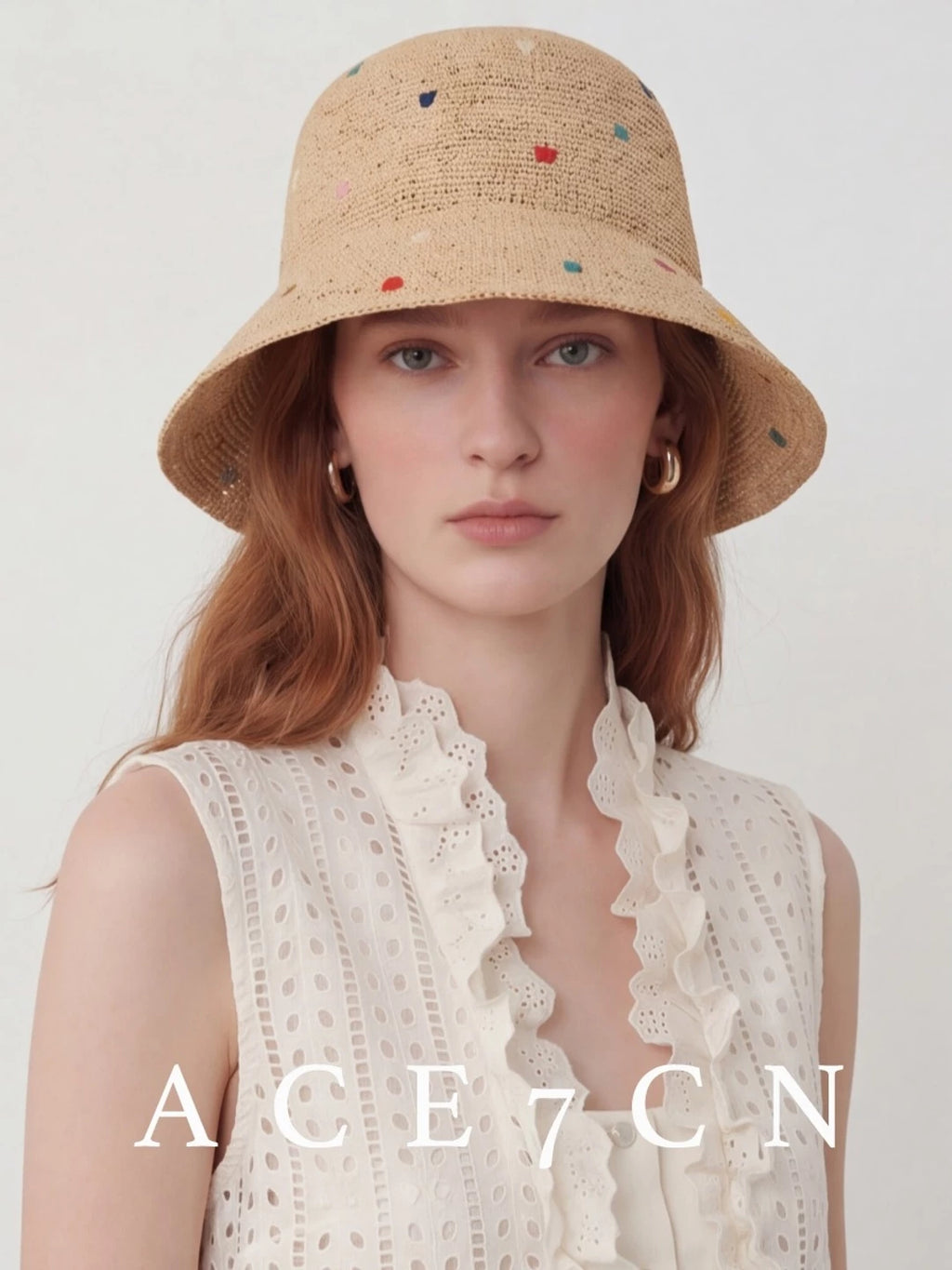 Nepalese Embroidered Multi-Dot Raffia Bucket Hat Foldable