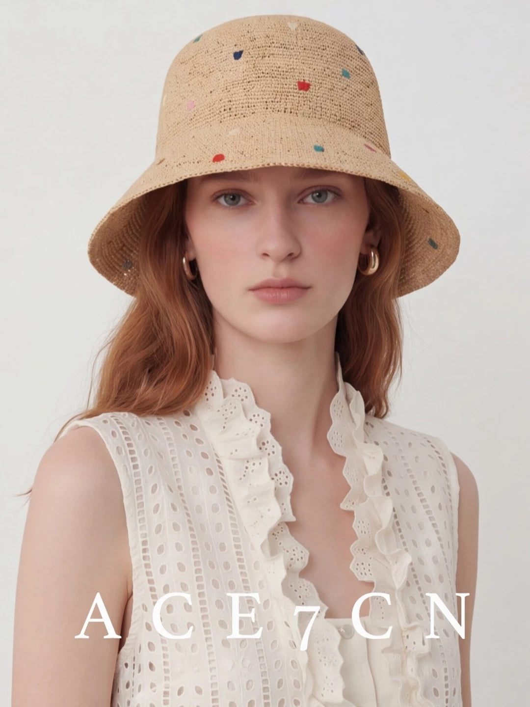 Nepalese Embroidered Multi-Dot Raffia Bucket Hat Foldable