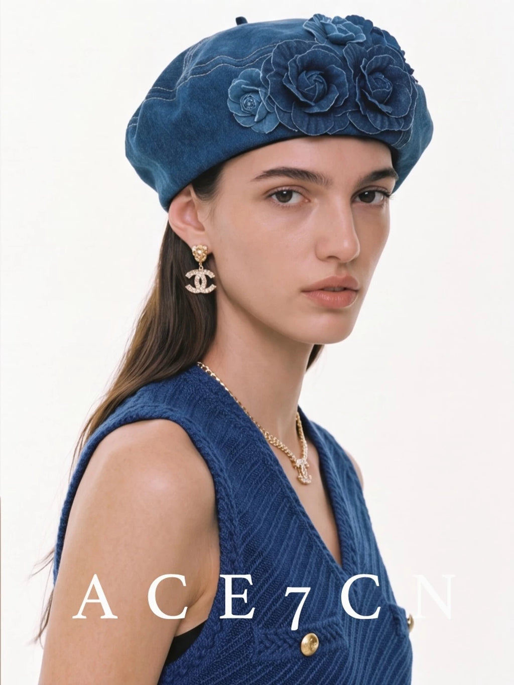 Denim Champs-Élysées Washed Denim Beret Floral Painter