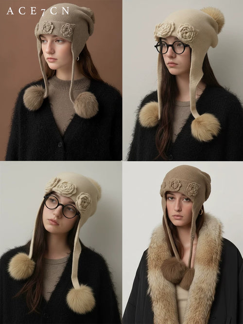 100 Cashmere Ear-Flap Hat Embellished 3D Floral