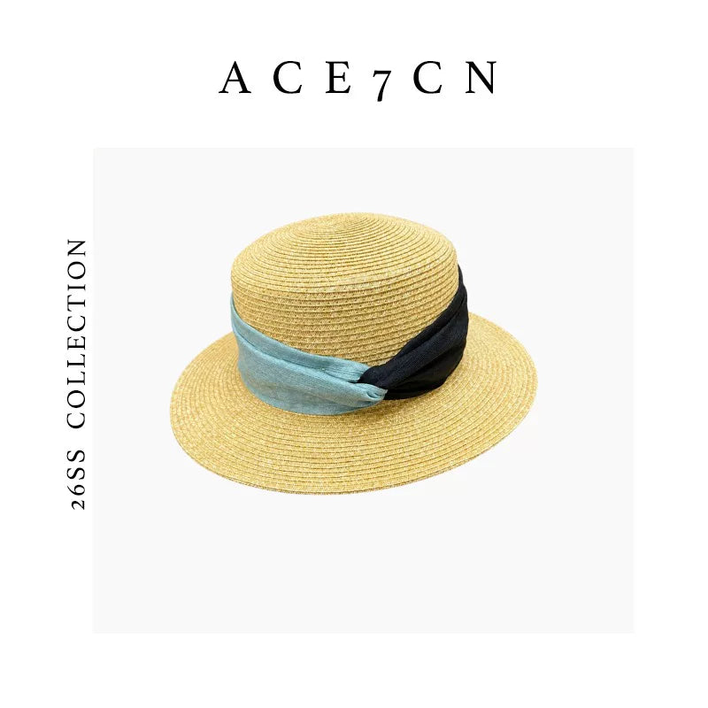 French Vintage Straw Hat Ribbon Color-Block Hepburn