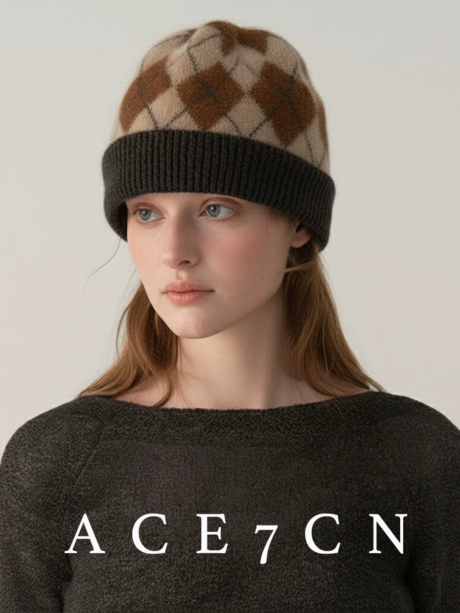 100 cashmere Nordic Argyle Cashmere Hat Autumn-Winter