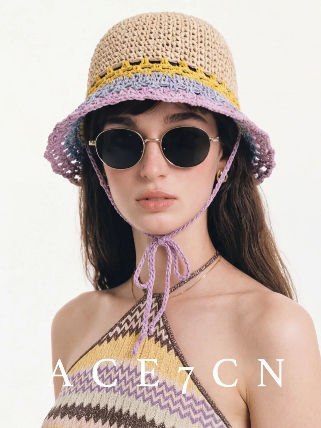 Nordic Hand-Crochet Color-Block Bucket Hat Openwork Breathable