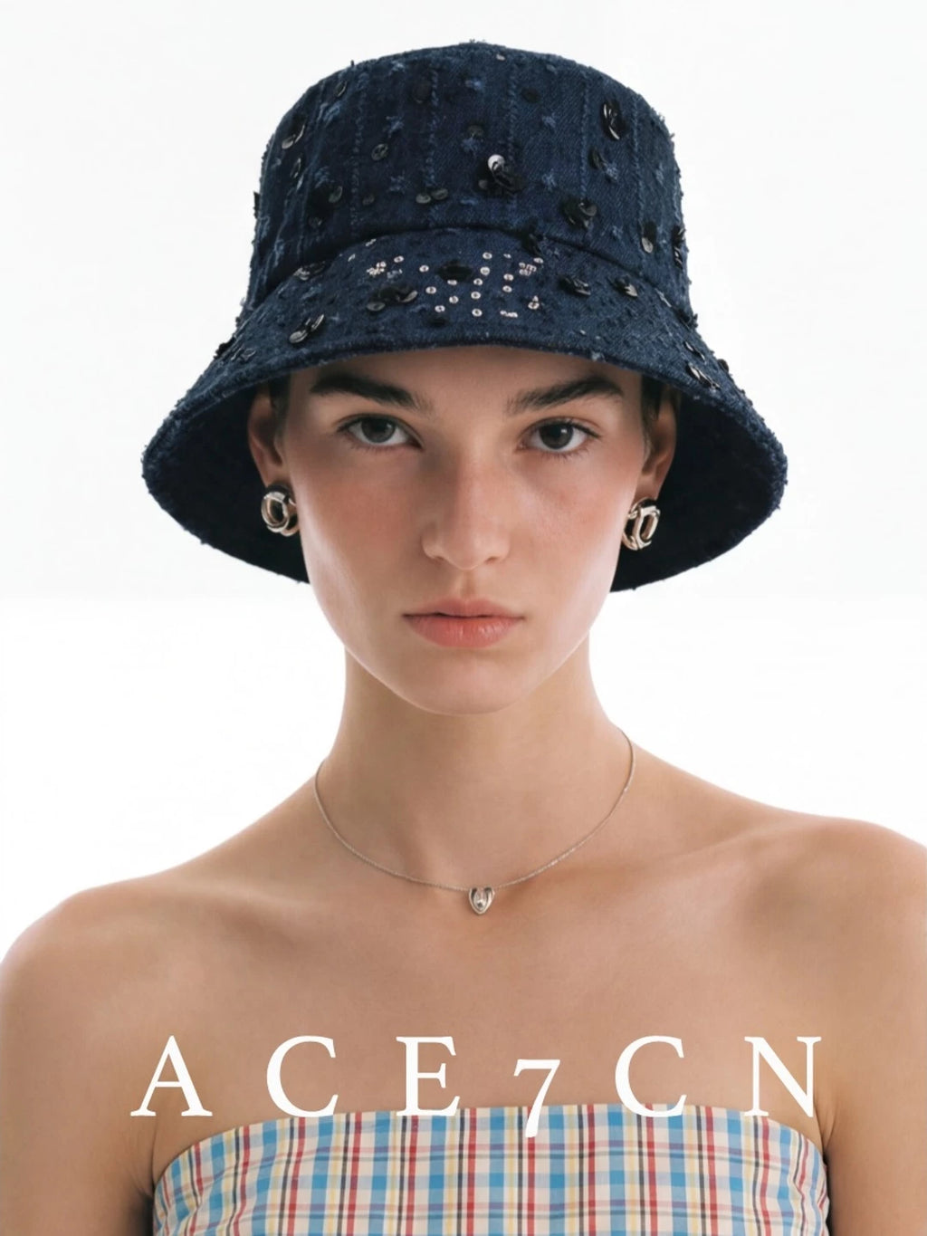 Denim Vintage Bucket Hat Embellished Subtle-Glitter Sequin