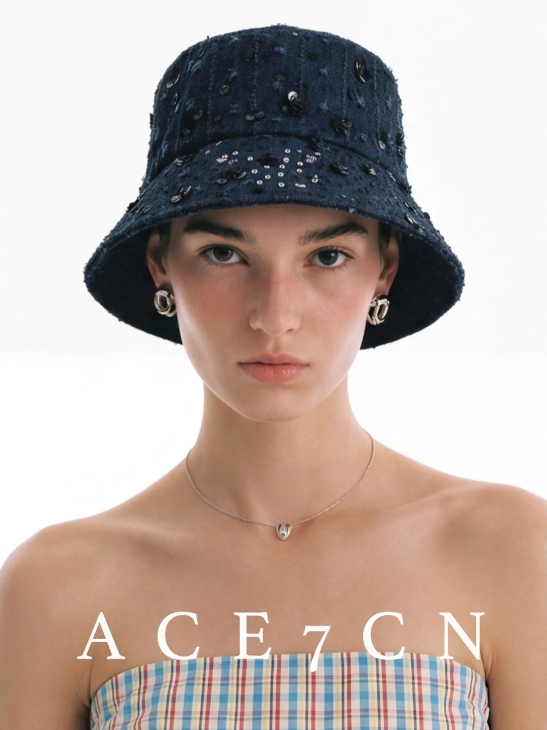 Denim Vintage Bucket Hat Embellished Subtle-Glitter Sequin