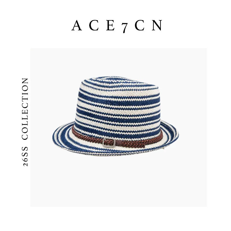 Nautical British Vintage Blue-White Striped Straw Hat
