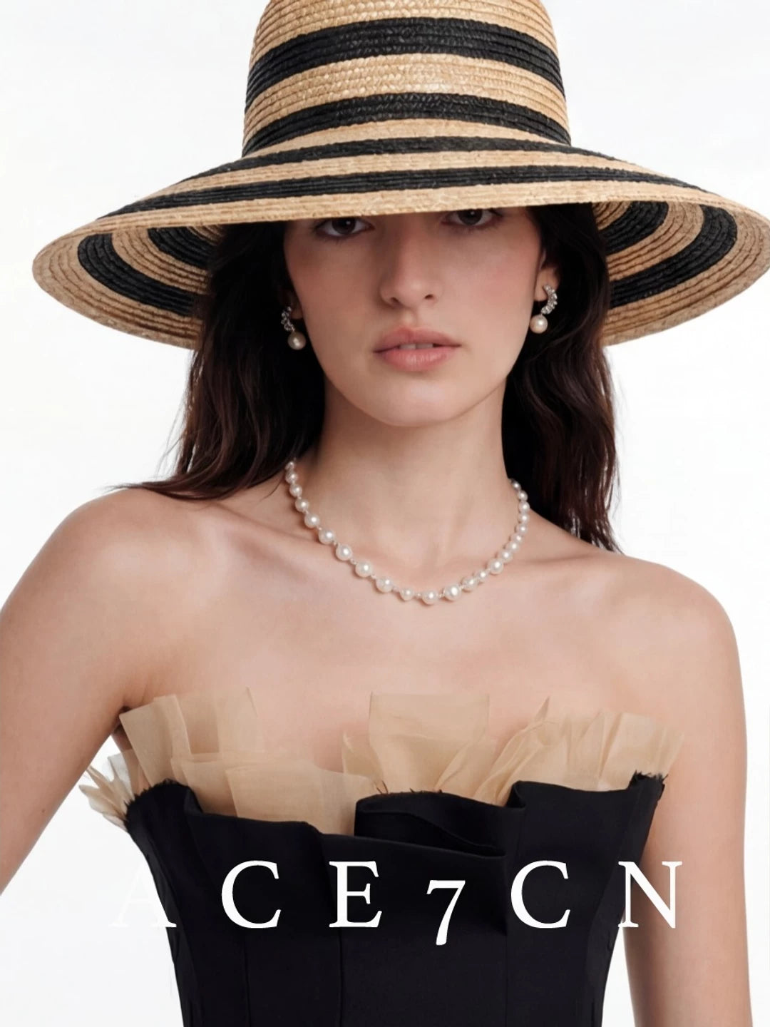Classic Hepburn-Style Wheat-Straw Straw Hat Striped Wide-Brim