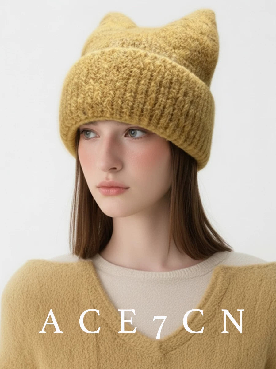 Nordic Cat-Ear Beanie Fluffy Autumn-Winter Warm Knit