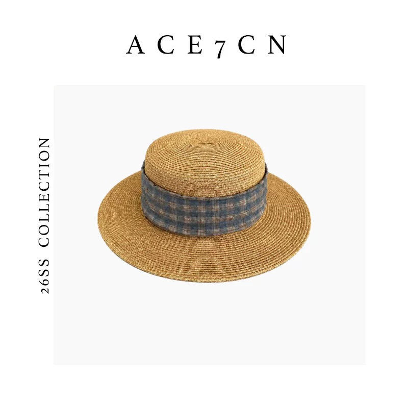 Korean Plaid Straw Hat British Vintage Resort