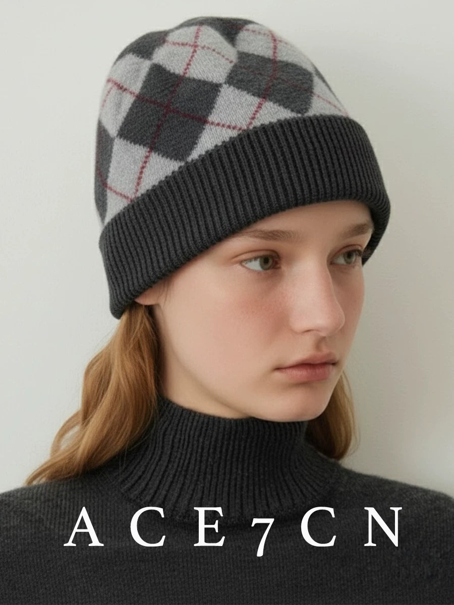 100 cashmere Nordic Argyle Cashmere Hat Autumn-Winter