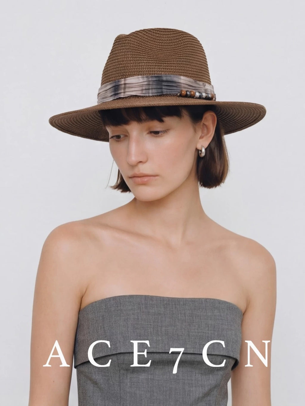 Vintage Western Ink-Wash Ribbon Fedora Woven Straw