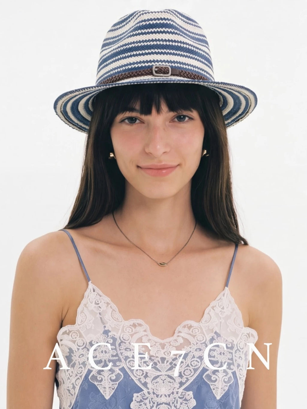 Nautical Urban Vintage Blue-White Striped Straw Hat