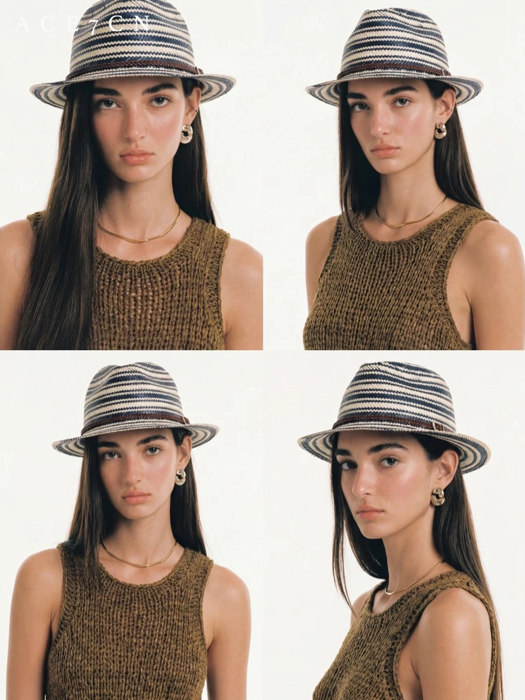 British Vintage Blue-White Striped Straw Hat Resort