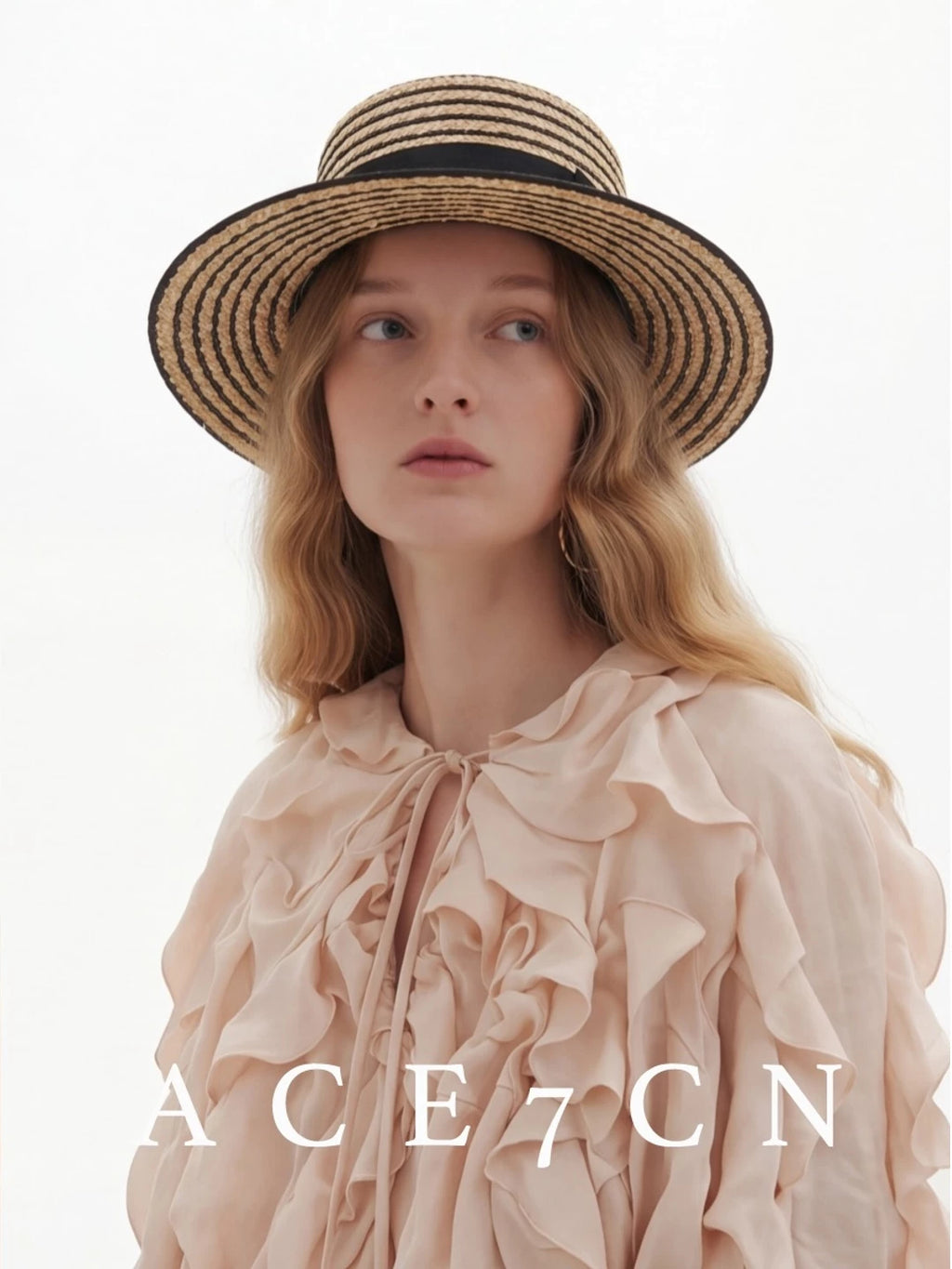 Korean Natural-Straw Wheat-Straw Straw Hat Striped Dress