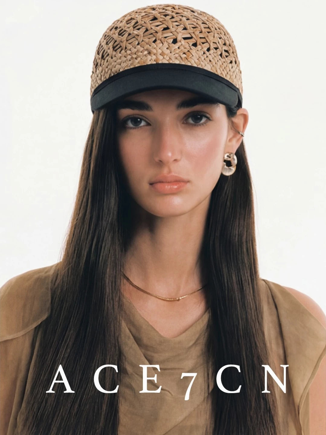 Designer Natural-Straw Openwork Woven Riding Hat Straw-Woven