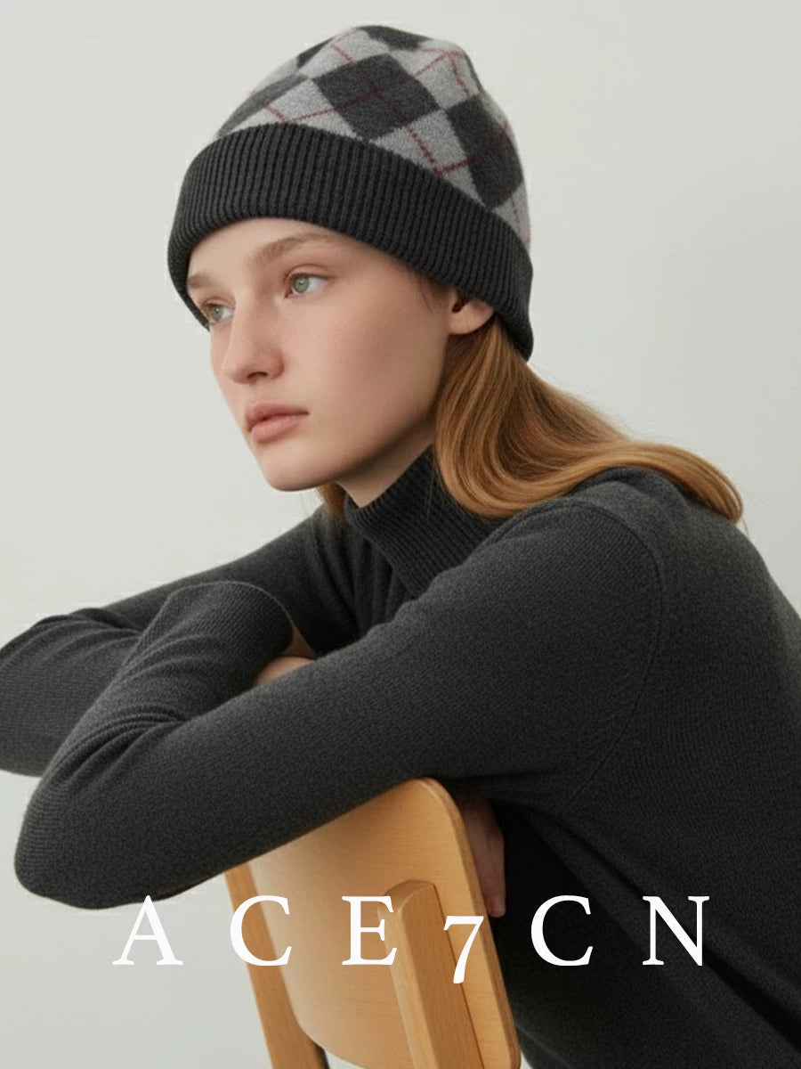 100 cashmere Nordic Argyle Cashmere Hat Autumn-Winter