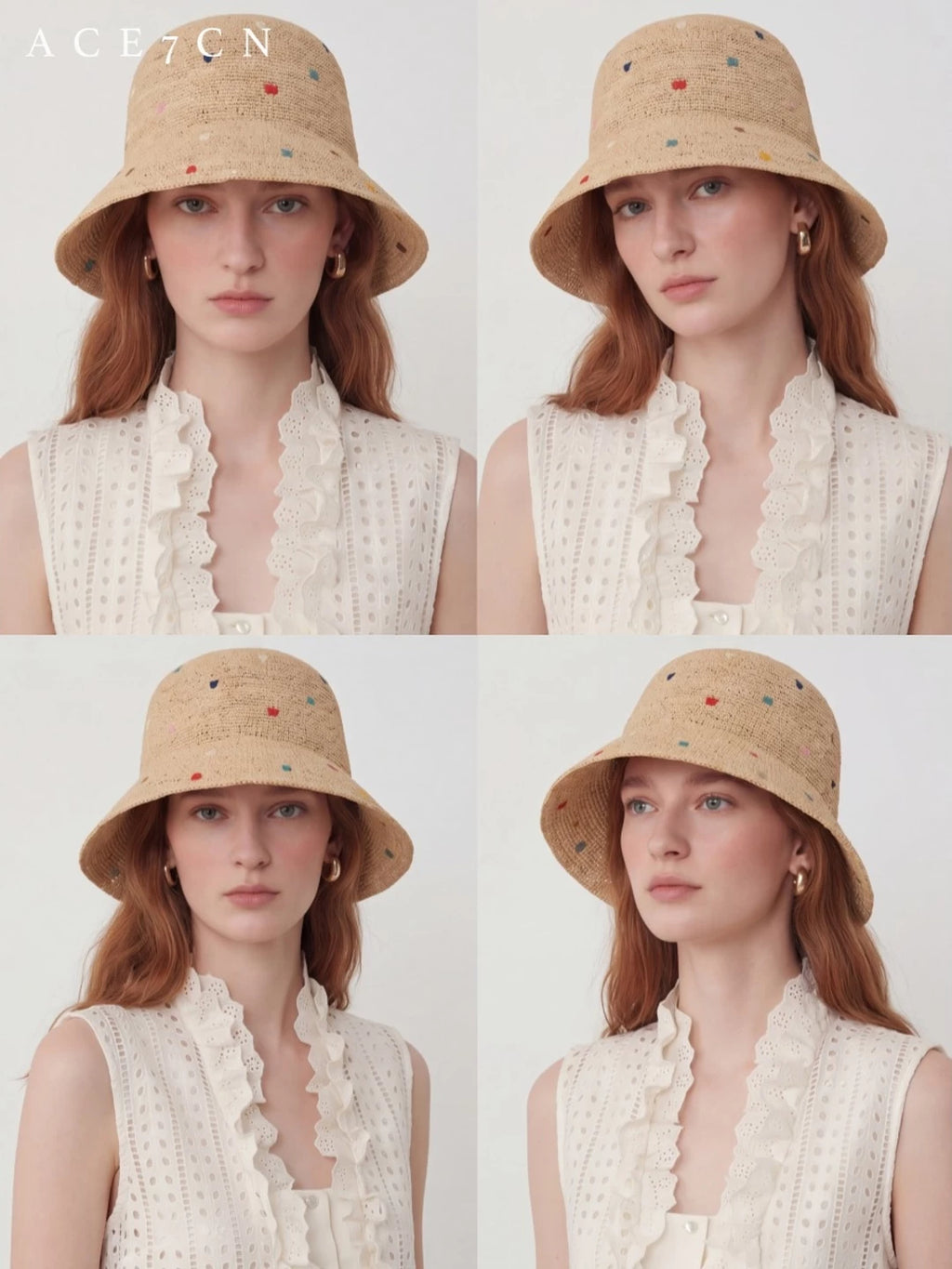 Nepalese Embroidered Multi-Dot Raffia Bucket Hat Foldable