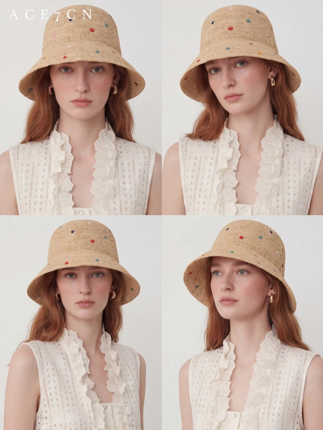 Nepalese Embroidered Multi-Dot Raffia Bucket Hat Foldable