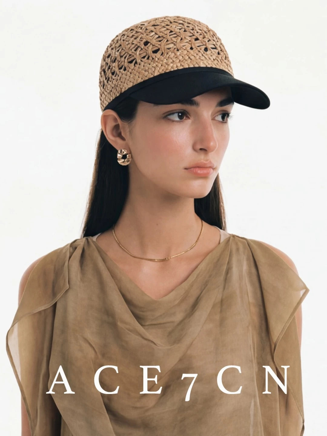 Designer Natural-Straw Openwork Woven Riding Hat Straw-Woven