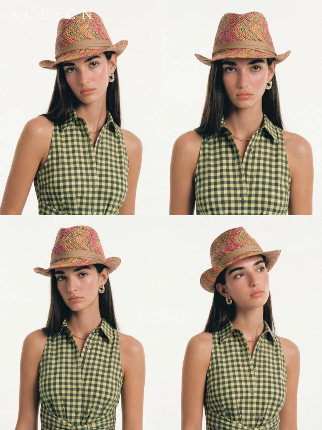 Nordic Colorful Multicolor-Yarn Straw-Woven Fedora American Western