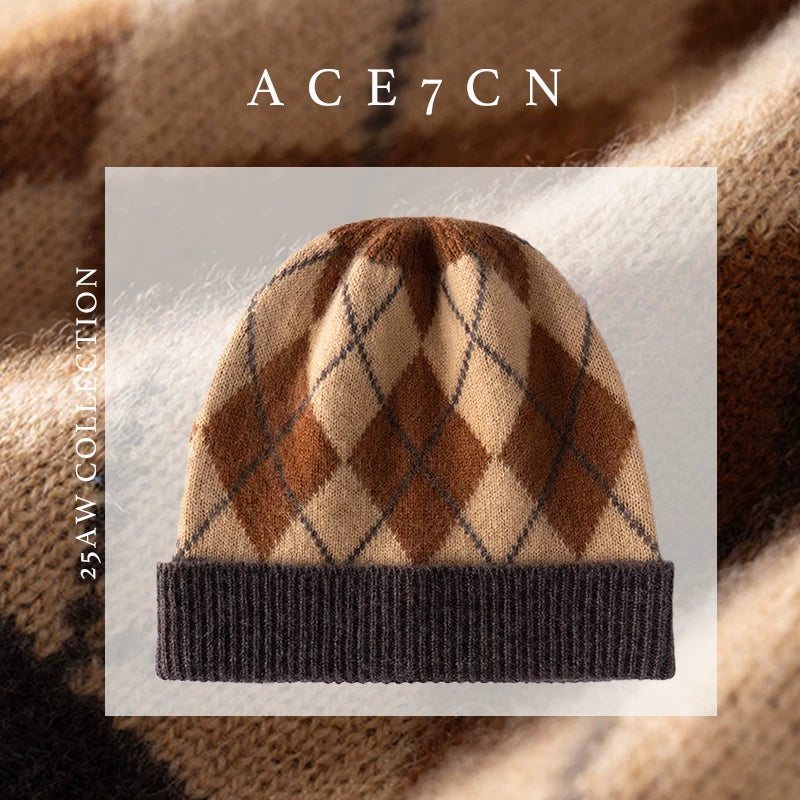 100 cashmere Nordic Argyle Cashmere Hat Autumn-Winter