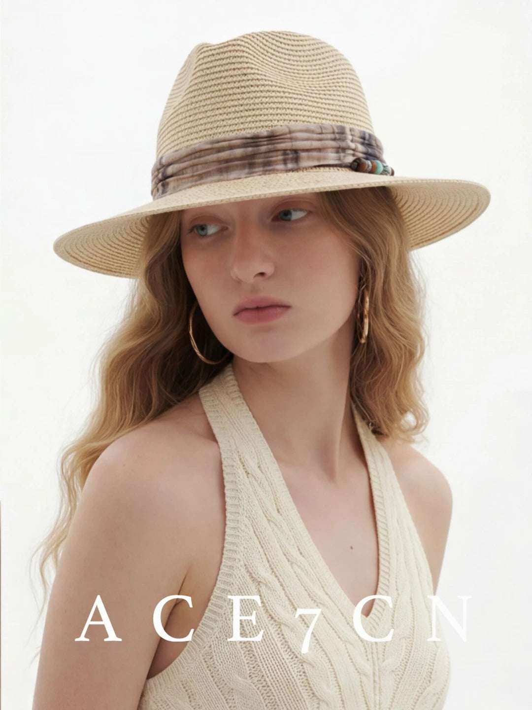 Vintage Western Ink-Wash Ribbon Fedora Woven Straw