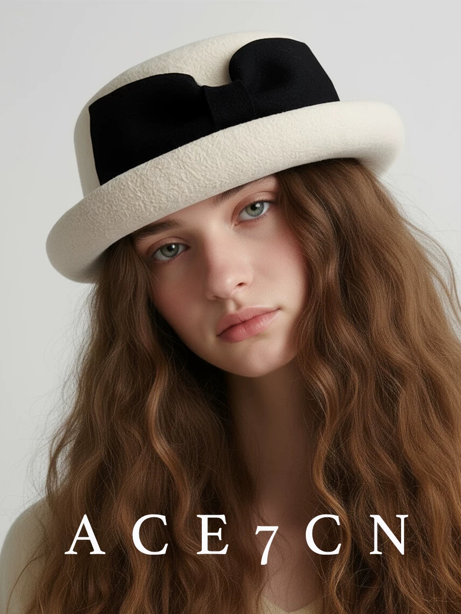 100 Wool French Hepburn-Style Bow Dress Hat
