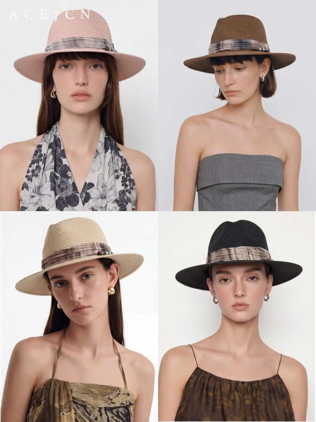 Vintage Western Ink-Wash Ribbon Fedora Woven Straw