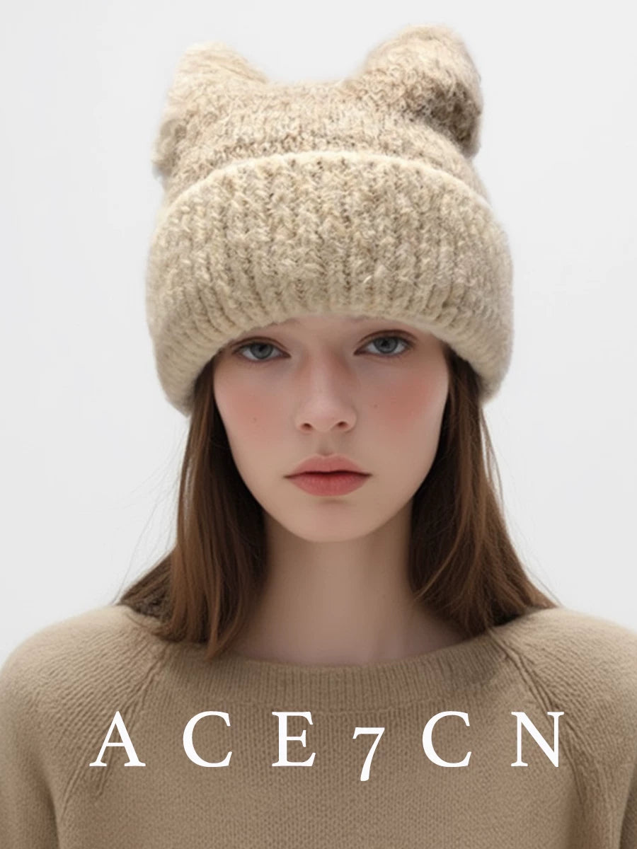 Nordic Cat-Ear Beanie Fluffy Autumn-Winter Warm Knit