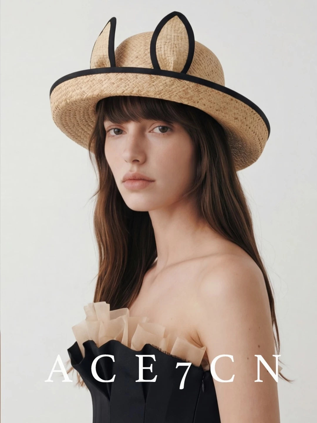 Japanese Niche Bunny-Ear Raffia Straw Hat 3D