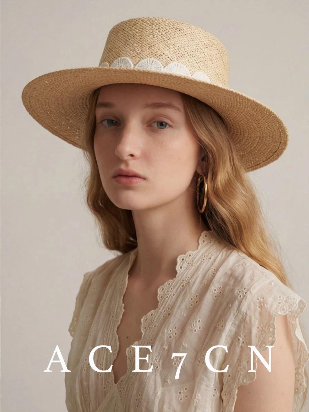 British Vintage Natural Natural-Straw Dress Hat Lace