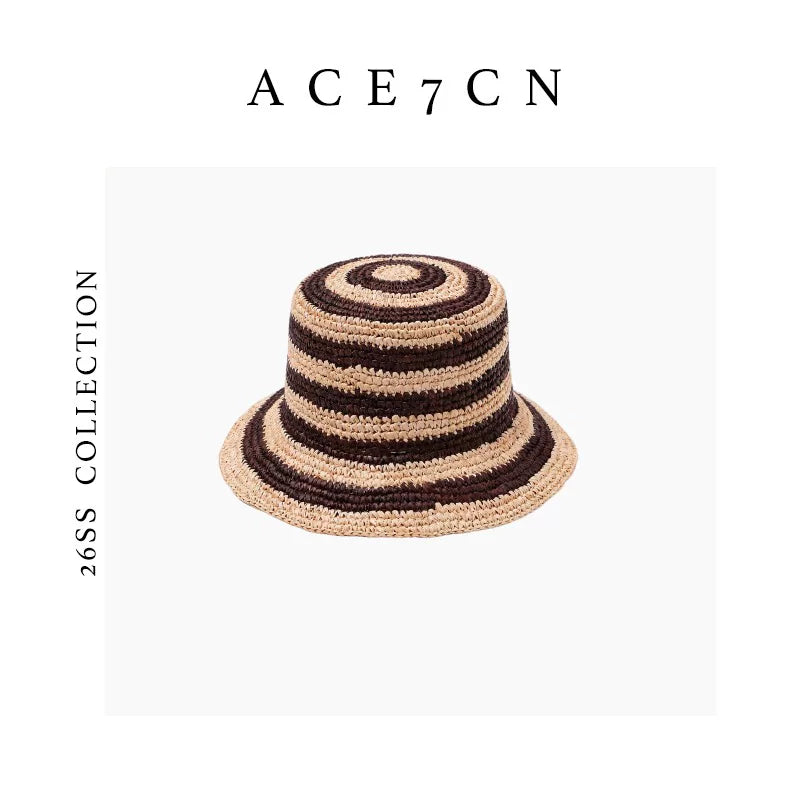 Natural-Straw Premium Raffia Bucket Hat Striped Hand-Woven