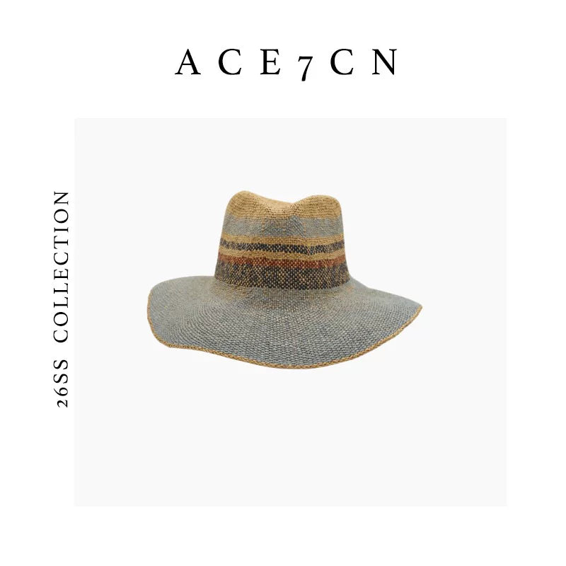 Nordic Colorful Straw-Woven Fedora French Striped Color-Block