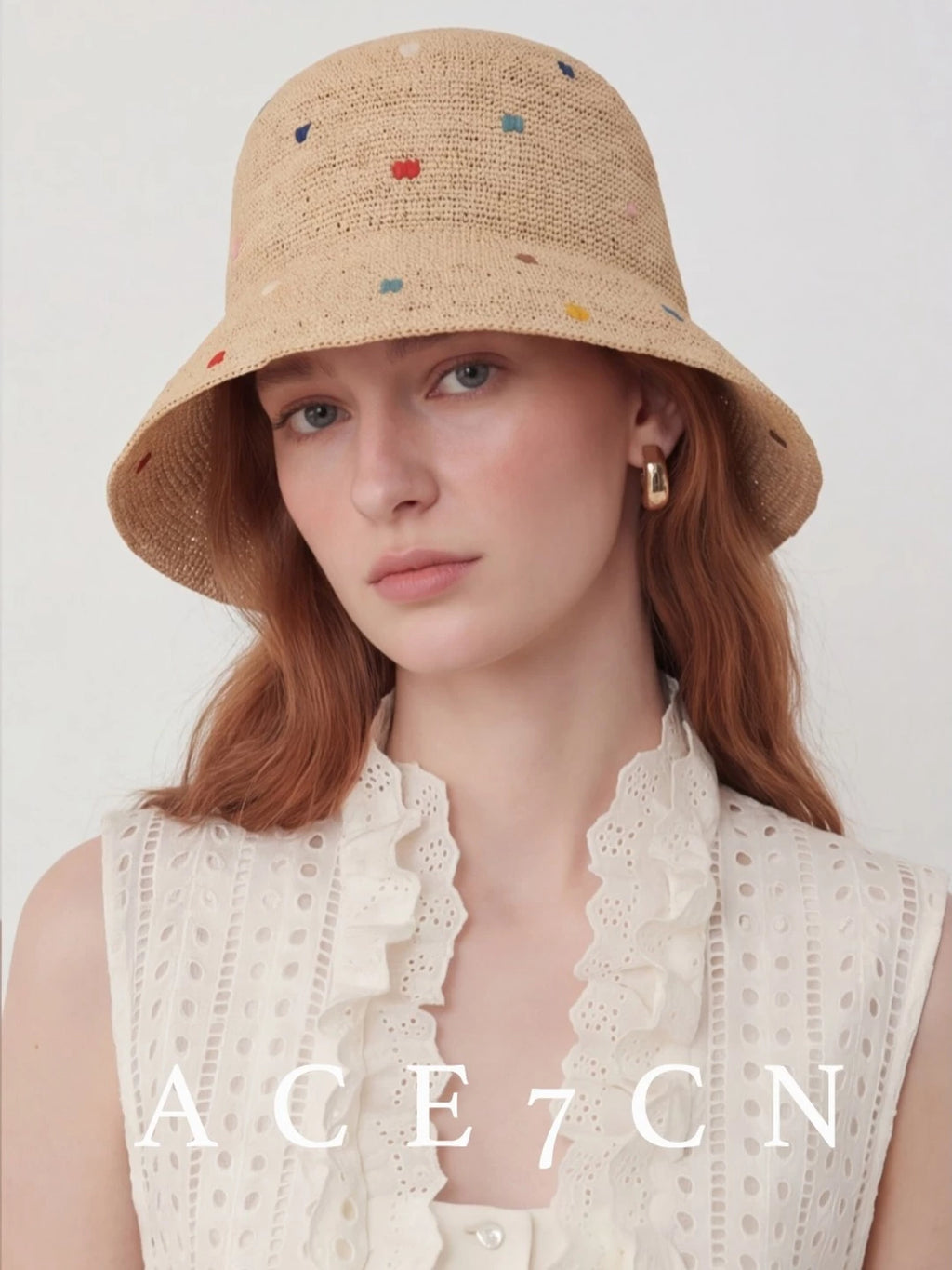 Nepalese Embroidered Multi-Dot Raffia Bucket Hat Foldable