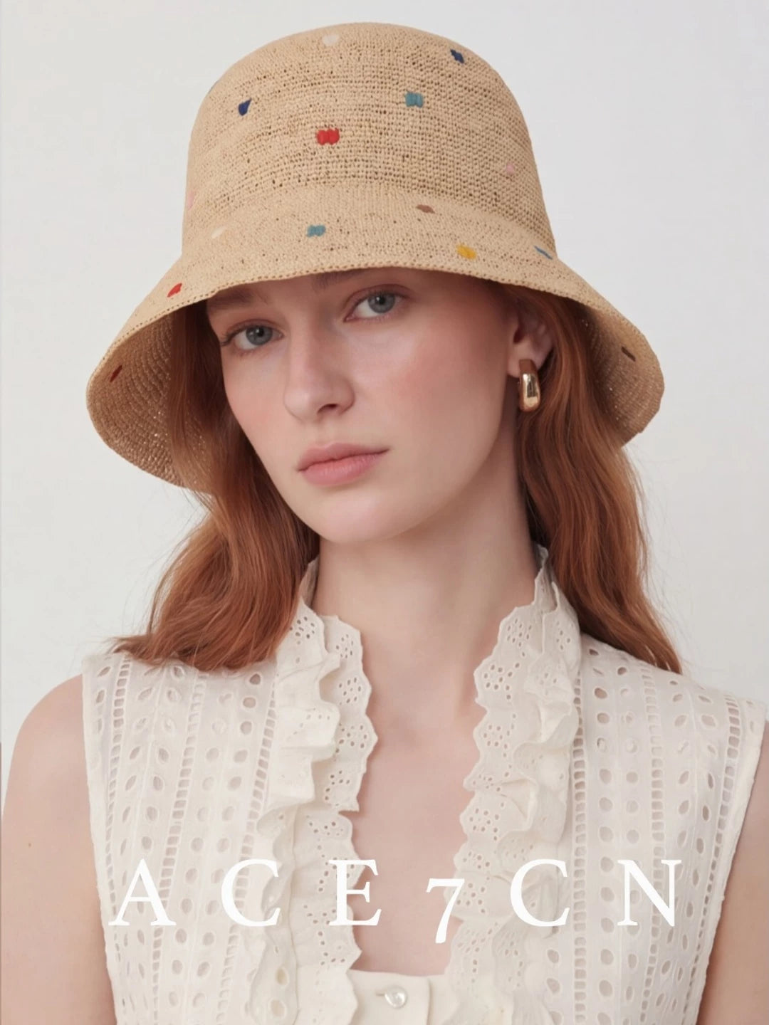 Nepalese Embroidered Multi-Dot Raffia Bucket Hat Foldable