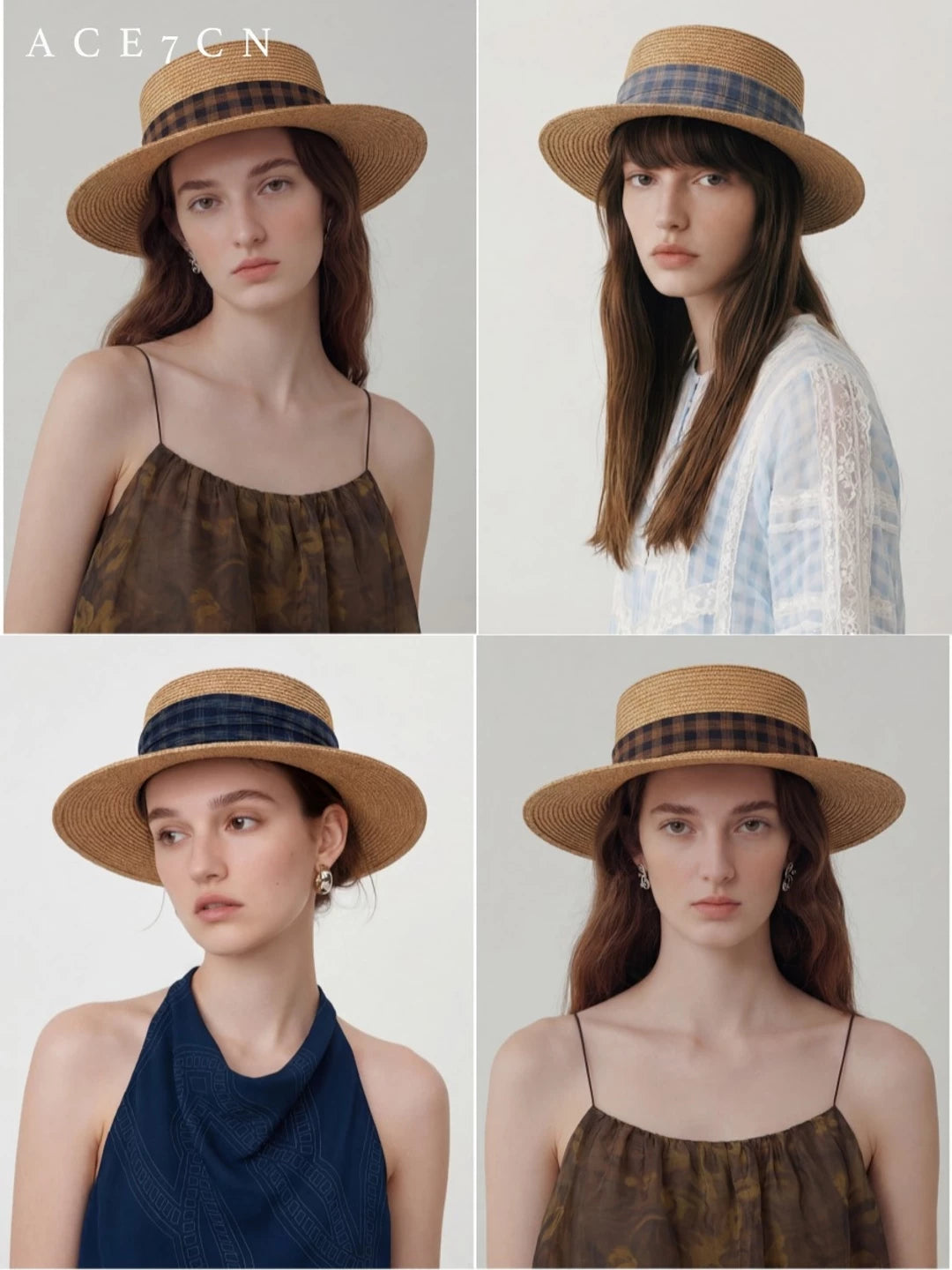 Korean Plaid Straw Hat British Vintage Resort