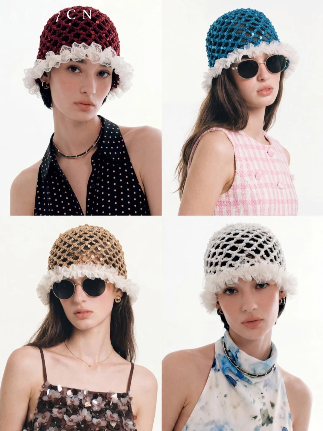 French Elegant Hand-Crochet Openwork Knit Beanie Sequin