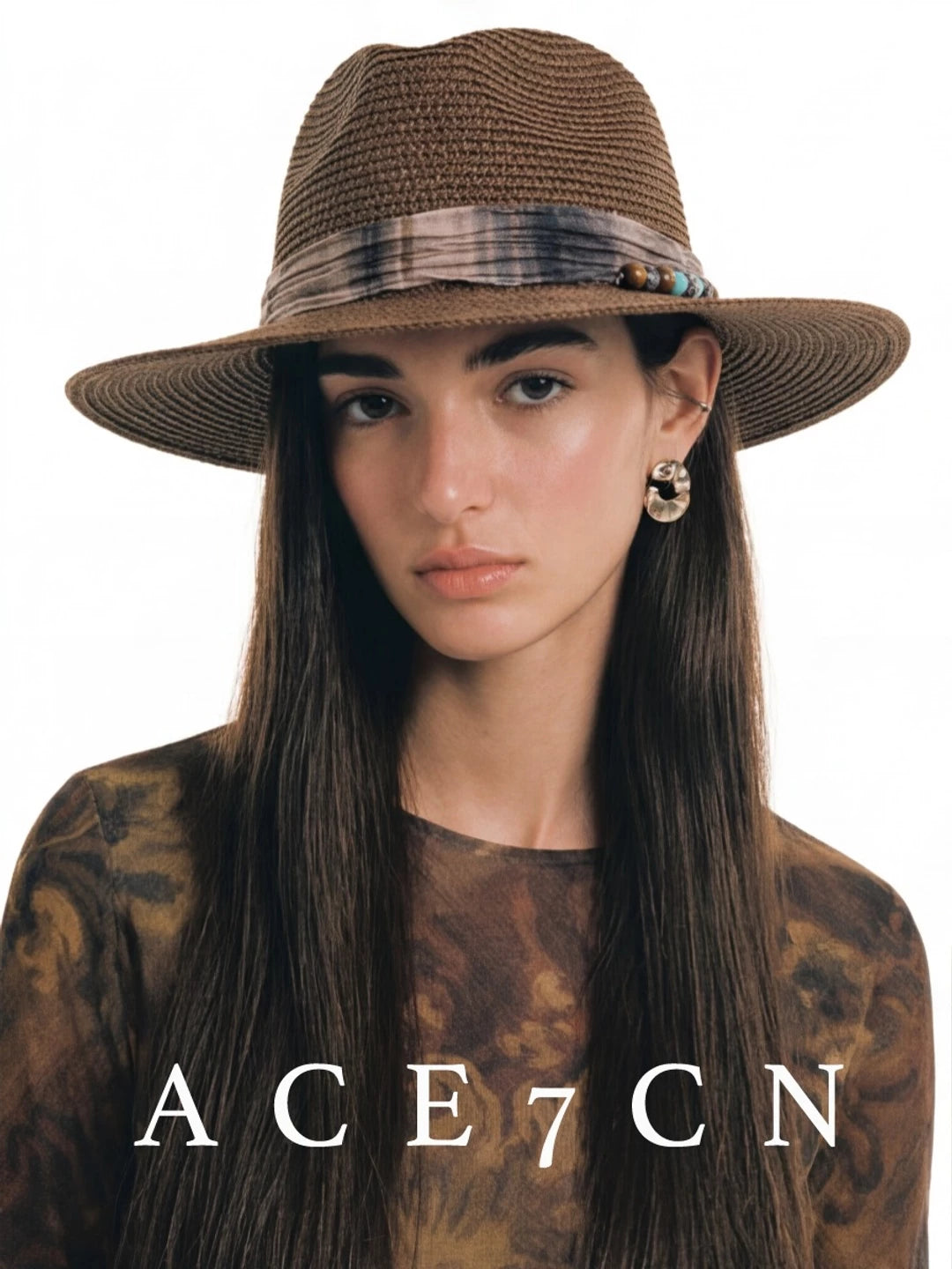 Vintage Western Ink-Wash Ribbon Fedora Woven Straw