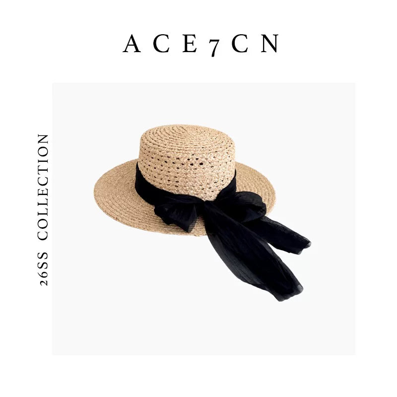 Classic French Fairy Elegant Raffia Flat-Top Hat