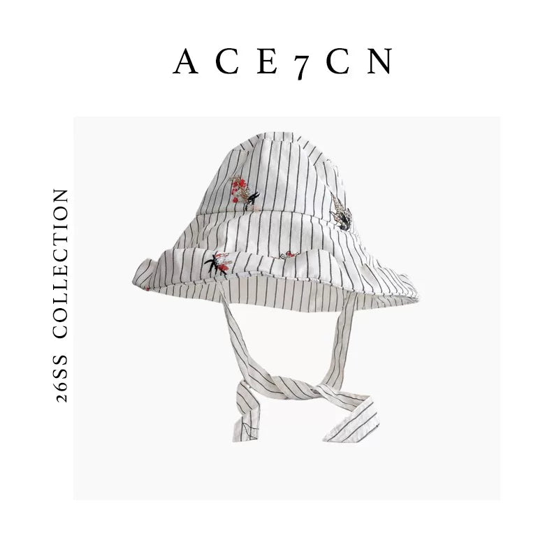 Light-French Wide-Brim Striped Bucket Hat Embellished Embroidered