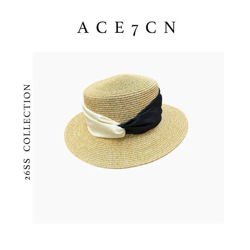 French Vintage Straw Hat Ribbon Color-Block Hepburn
