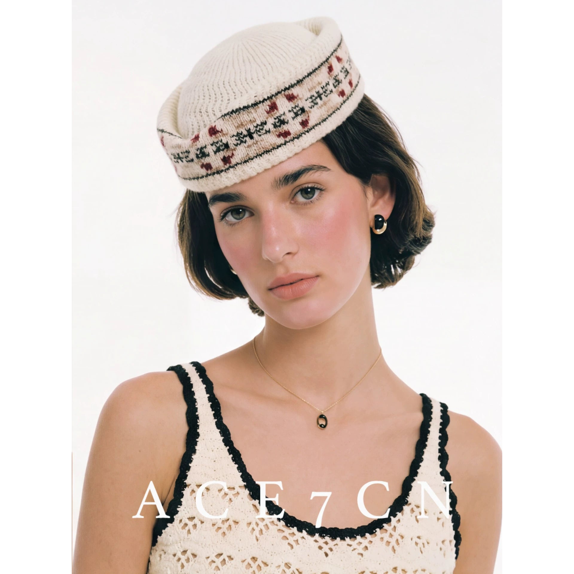 Danish Relaxed Knit Pillbox Hat Jacquard Dress