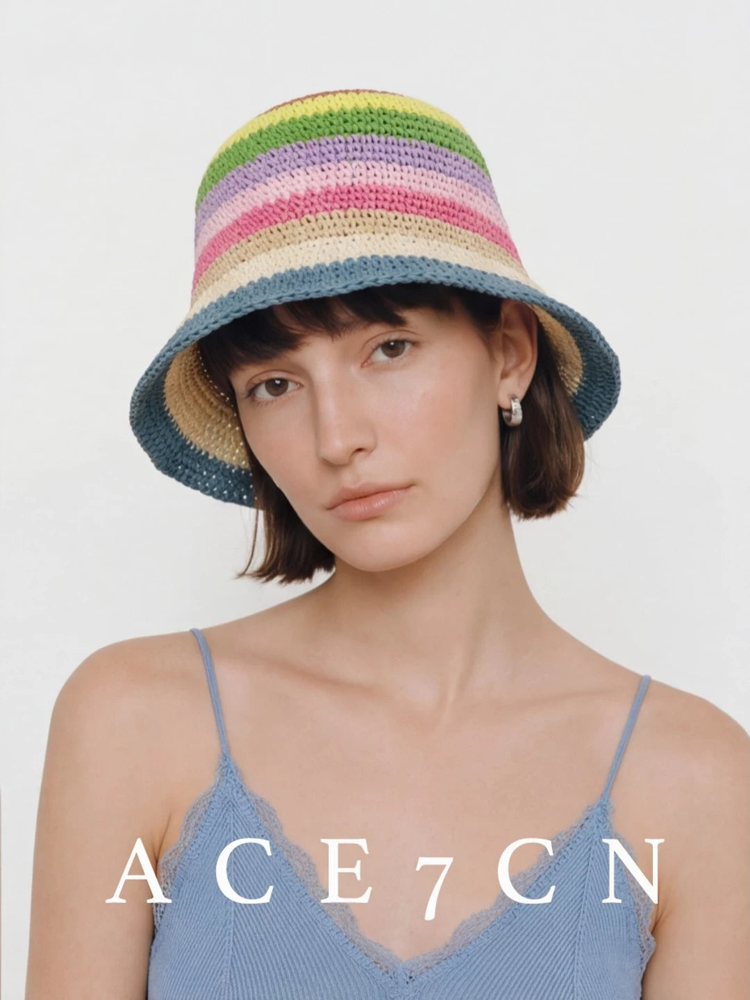 Nordic Niche Rainbow Bucket Hat Handmade Striped