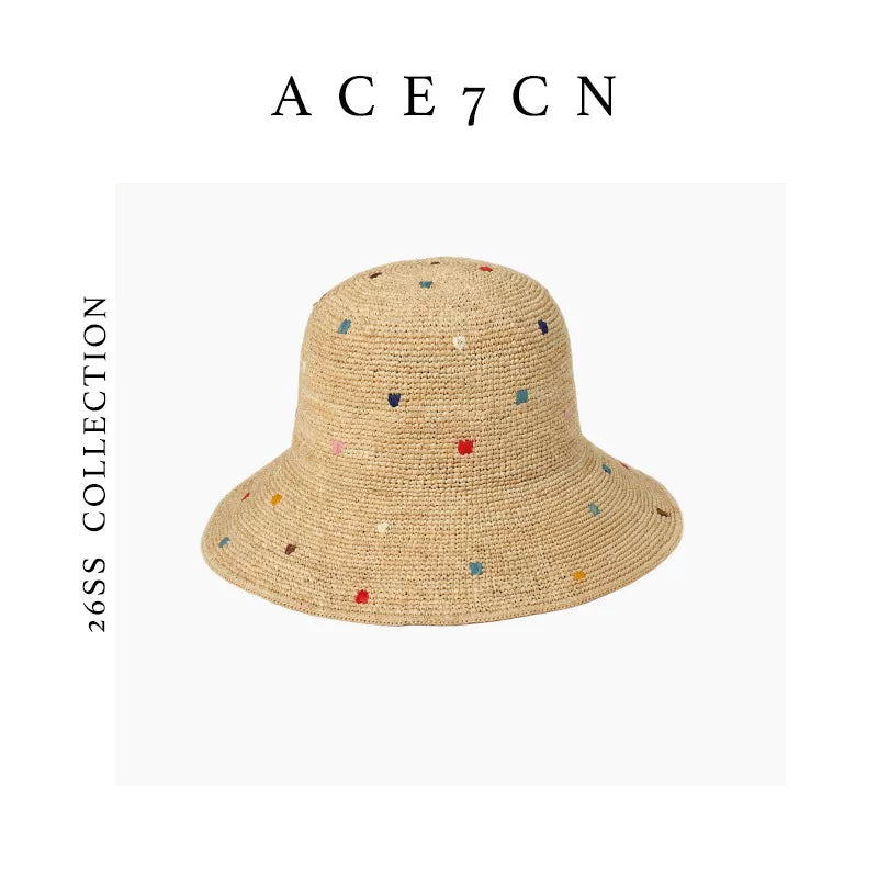 Nepalese Embroidered Multi-Dot Raffia Bucket Hat Foldable
